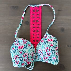 Aerie hot pink and mint Patterned Bikini Halter Top, sz M